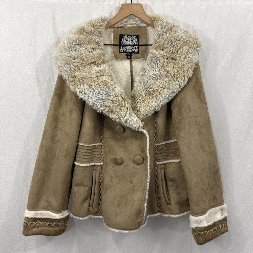 Esprit Vintage Penny Lane Style Womens Sz XL Tan Faux Suede Fur Coat